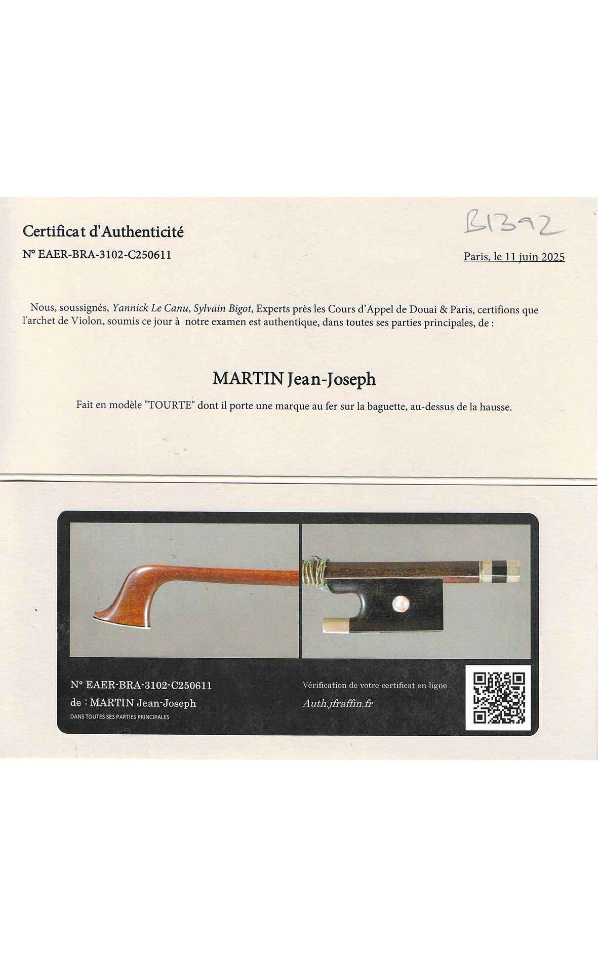 Jean-Joseph Martin, French violin bow c.1880 (certificate J.F. Raffin)