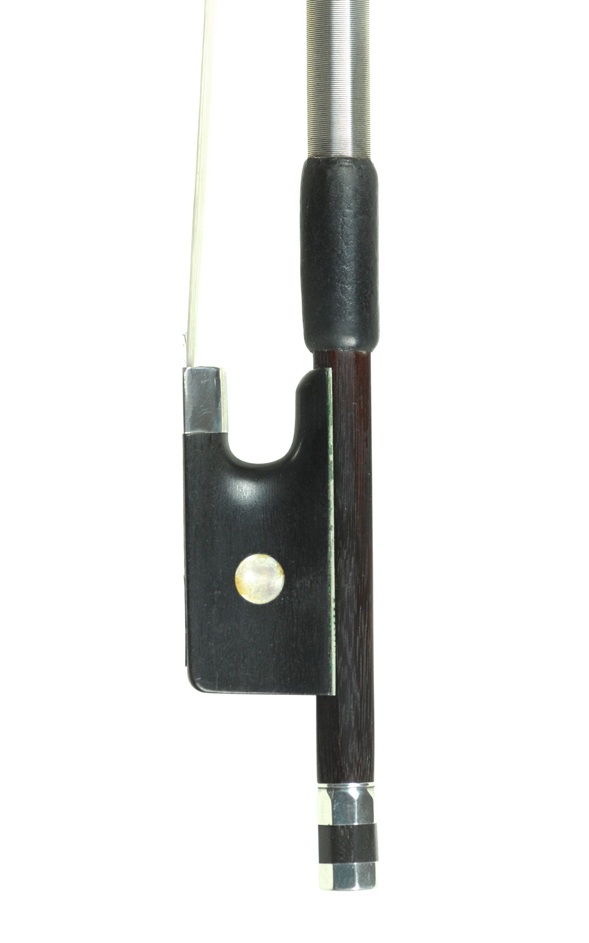 Antique, silver mounted viola bow. Fine German work, c.1910. Ebony frog with silver mounts.