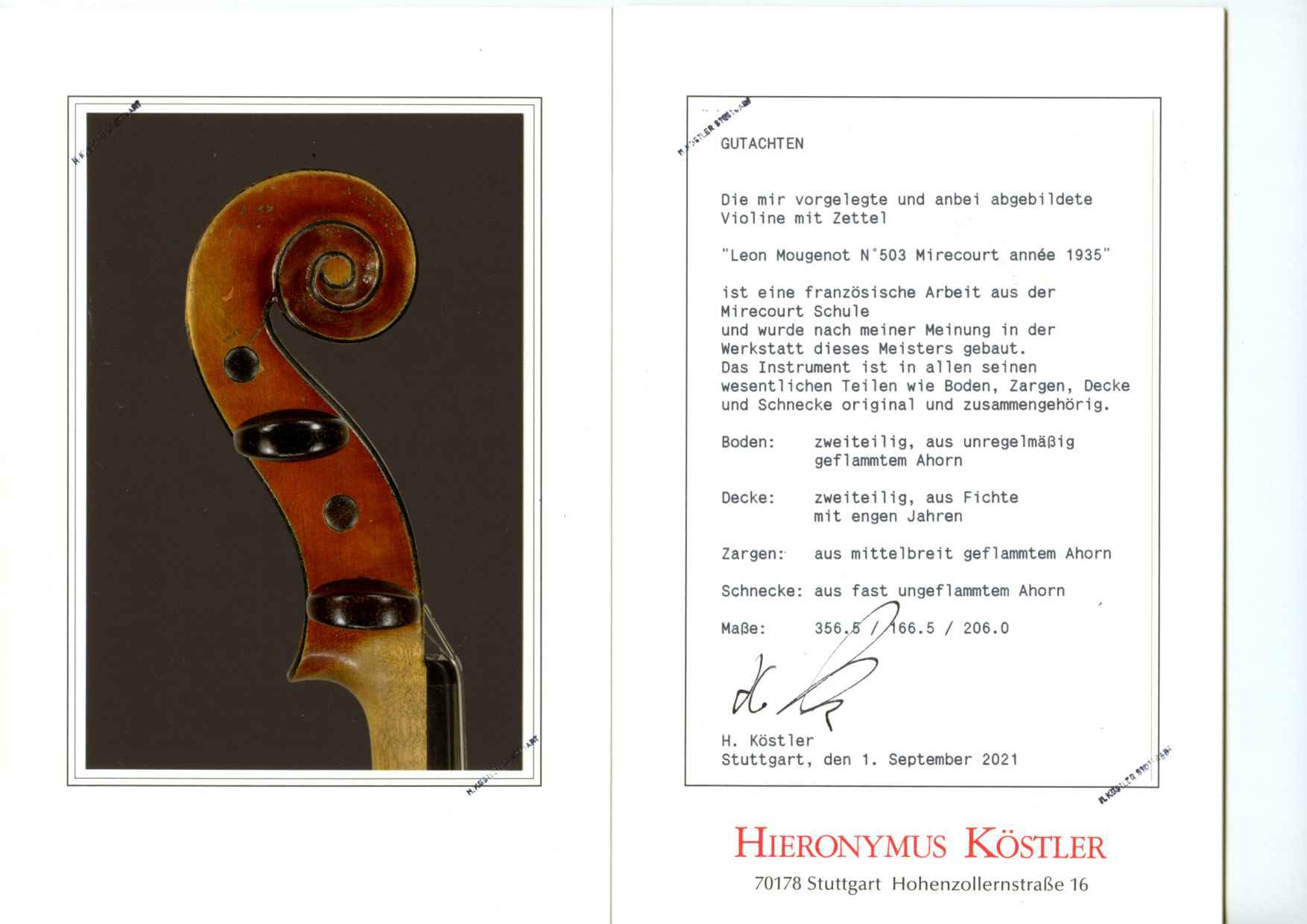 Fine French violin by Léon Victor Mougenot, 1935