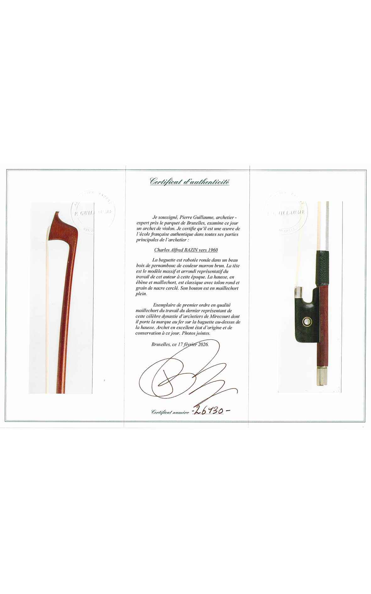 French violin bow by Charles Alfred Bazin c.1960 (certificate