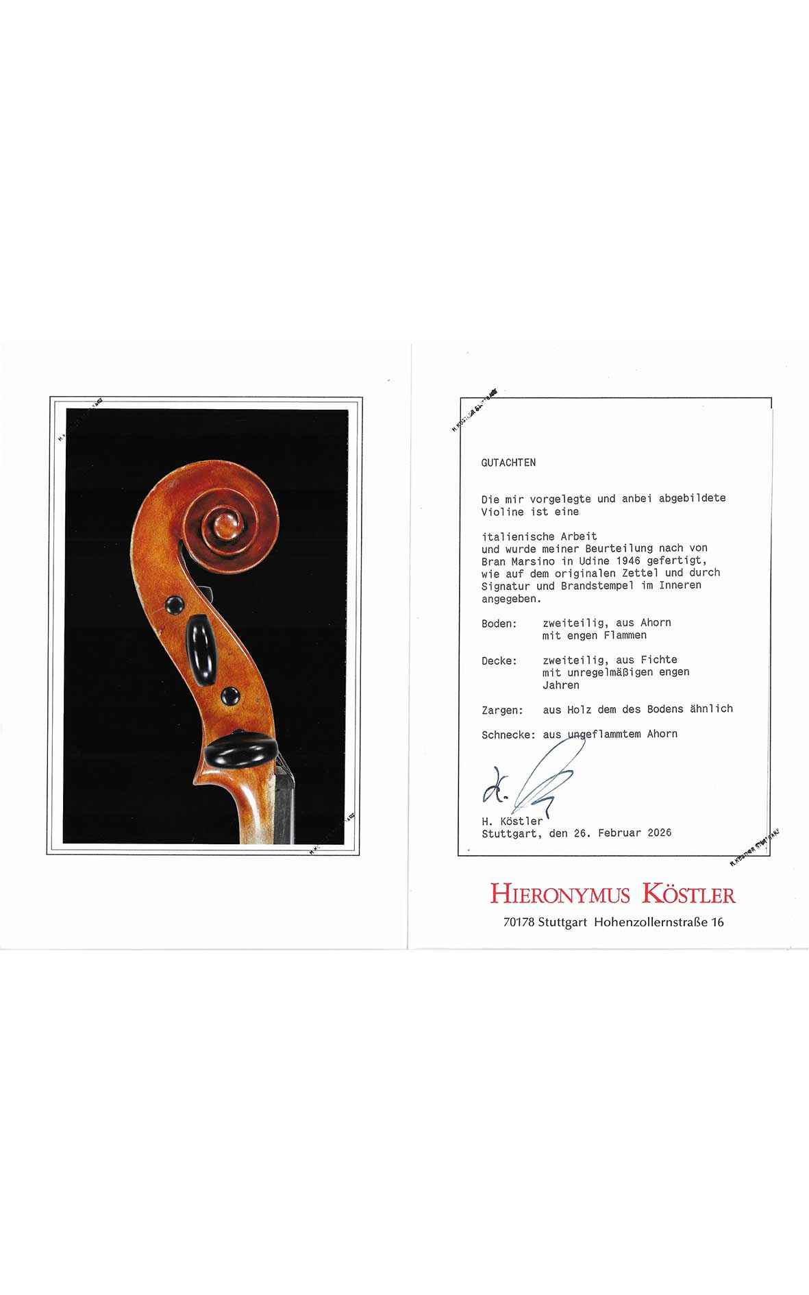 Italian violin by Marsino Bran, 1946 (certificate Hieronymus Köstler)