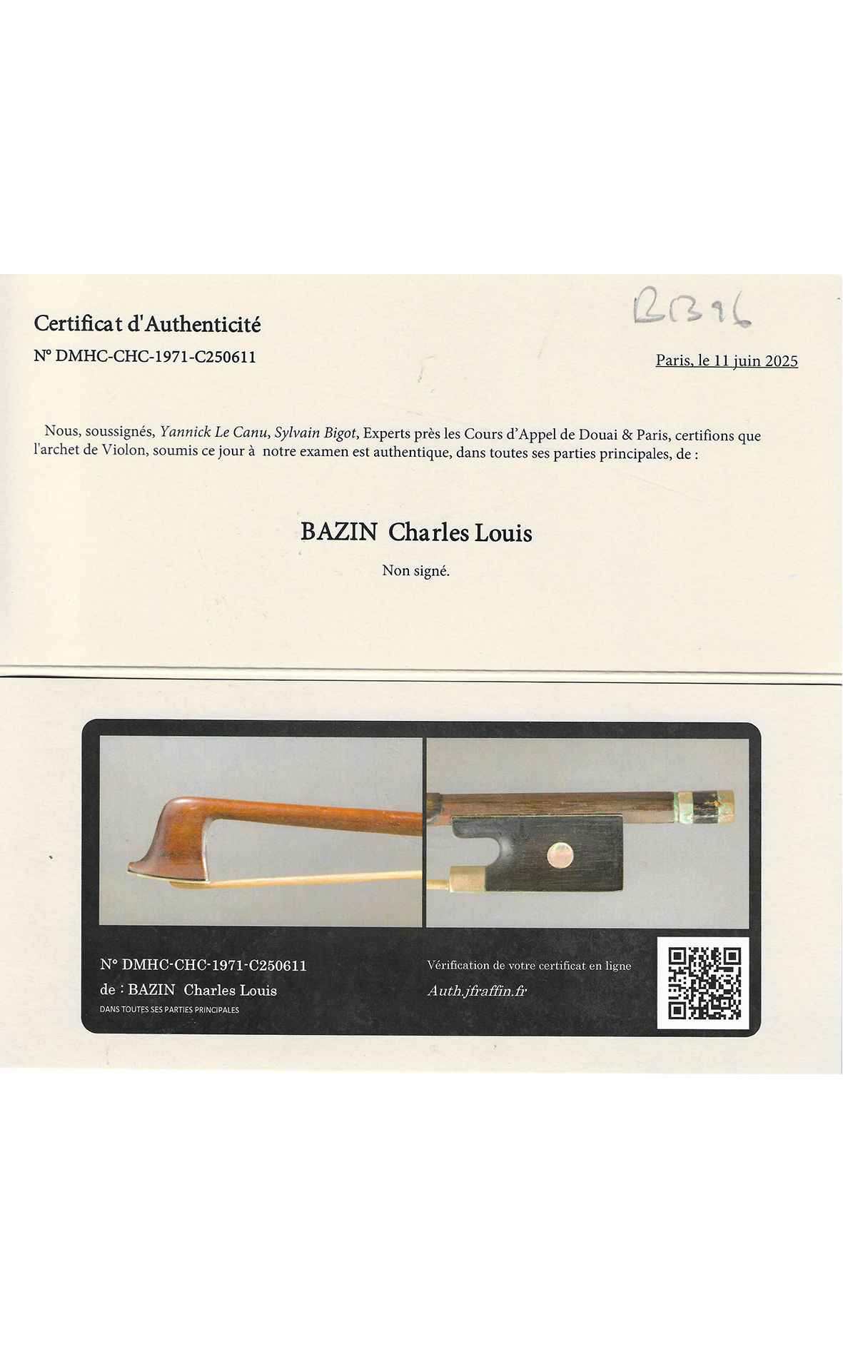 Charles Louis Bazin, French violin bow c1935 (certificate by J.-F