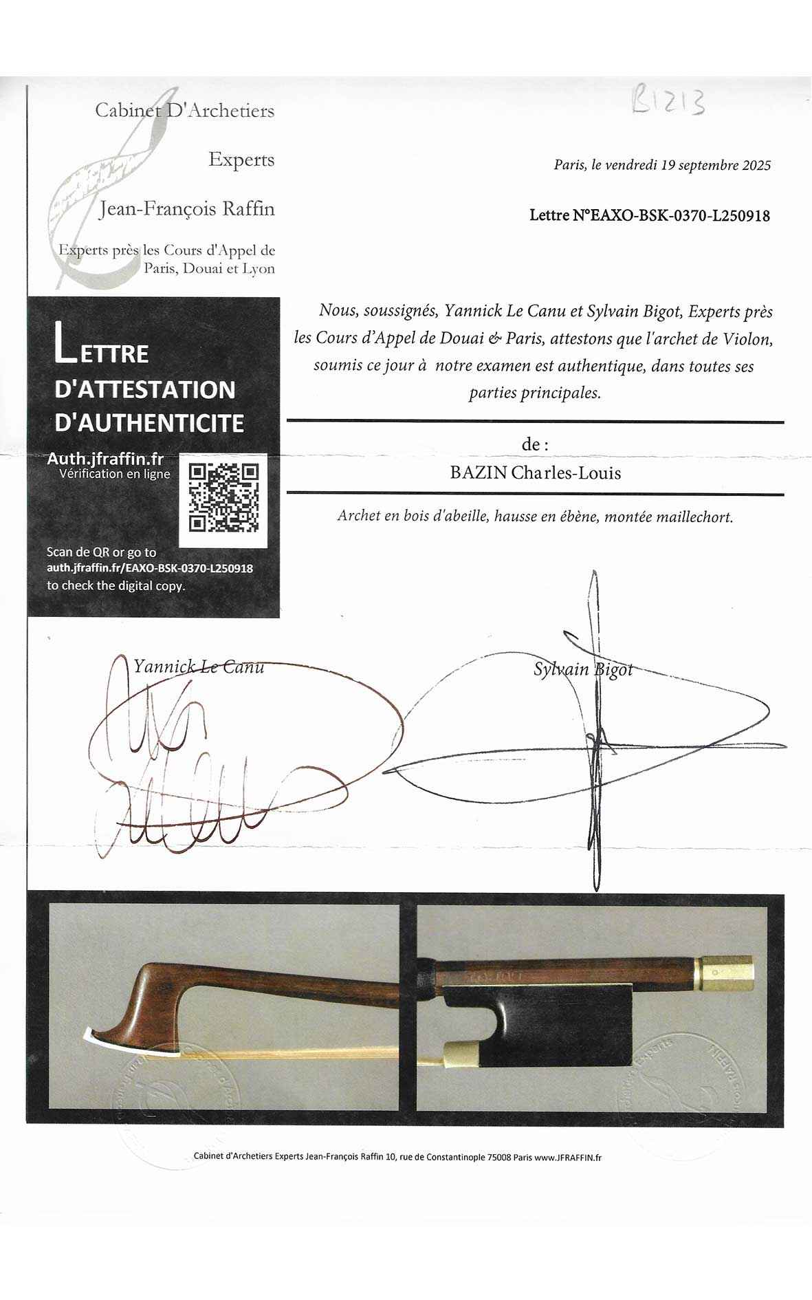Charles Louis Bazin, French violin bow (certificate by J.-F. Raffin)