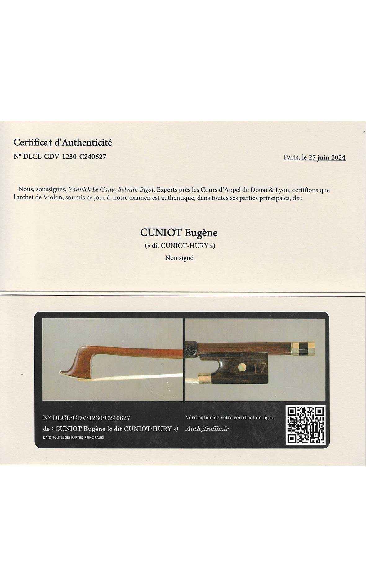 Eugene Cuniot Hury French violin bow certificate J. F. Raffin