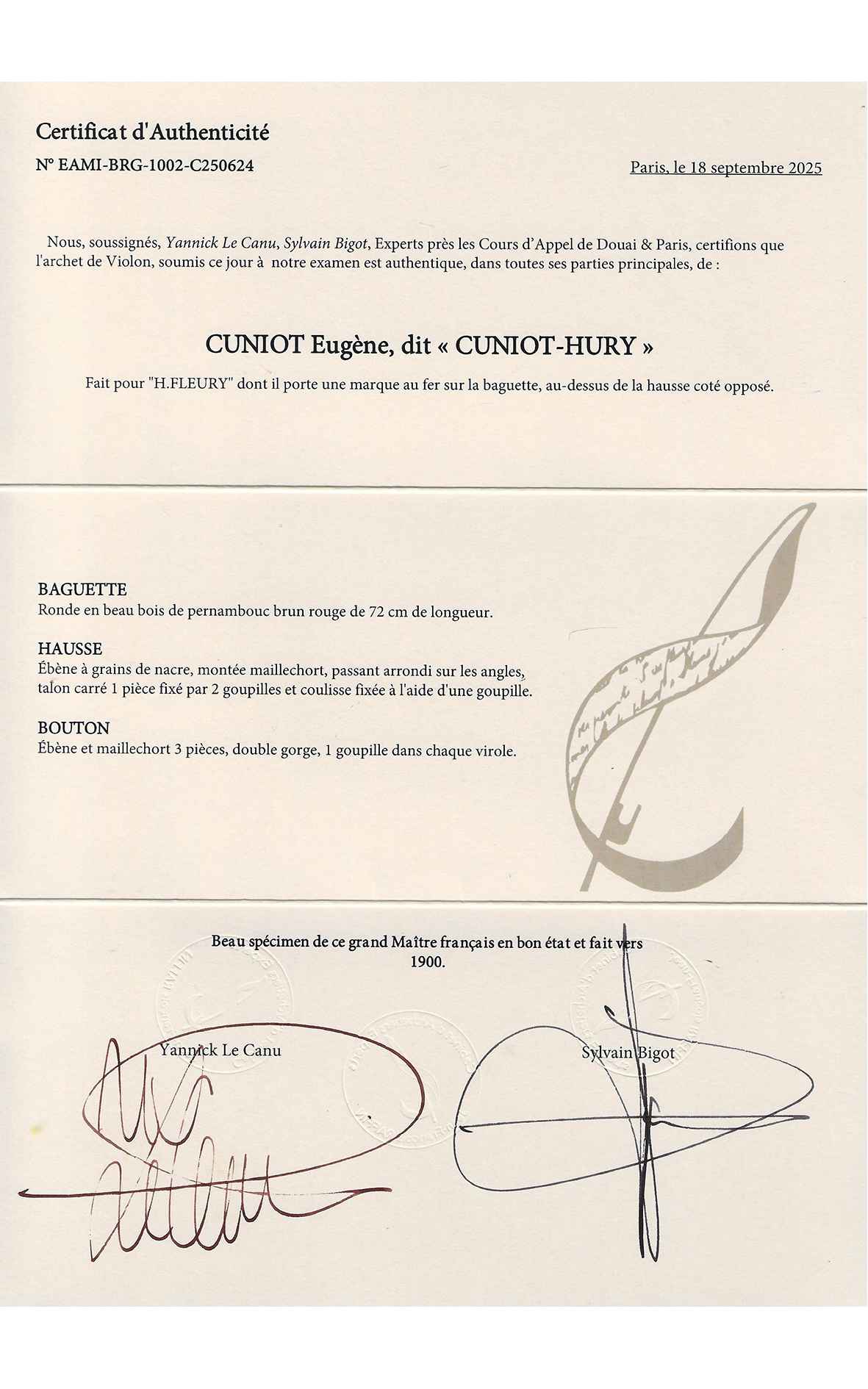 Eugène Cuniot-Hury, French violin bow (certificate J.-F. Raffin)
