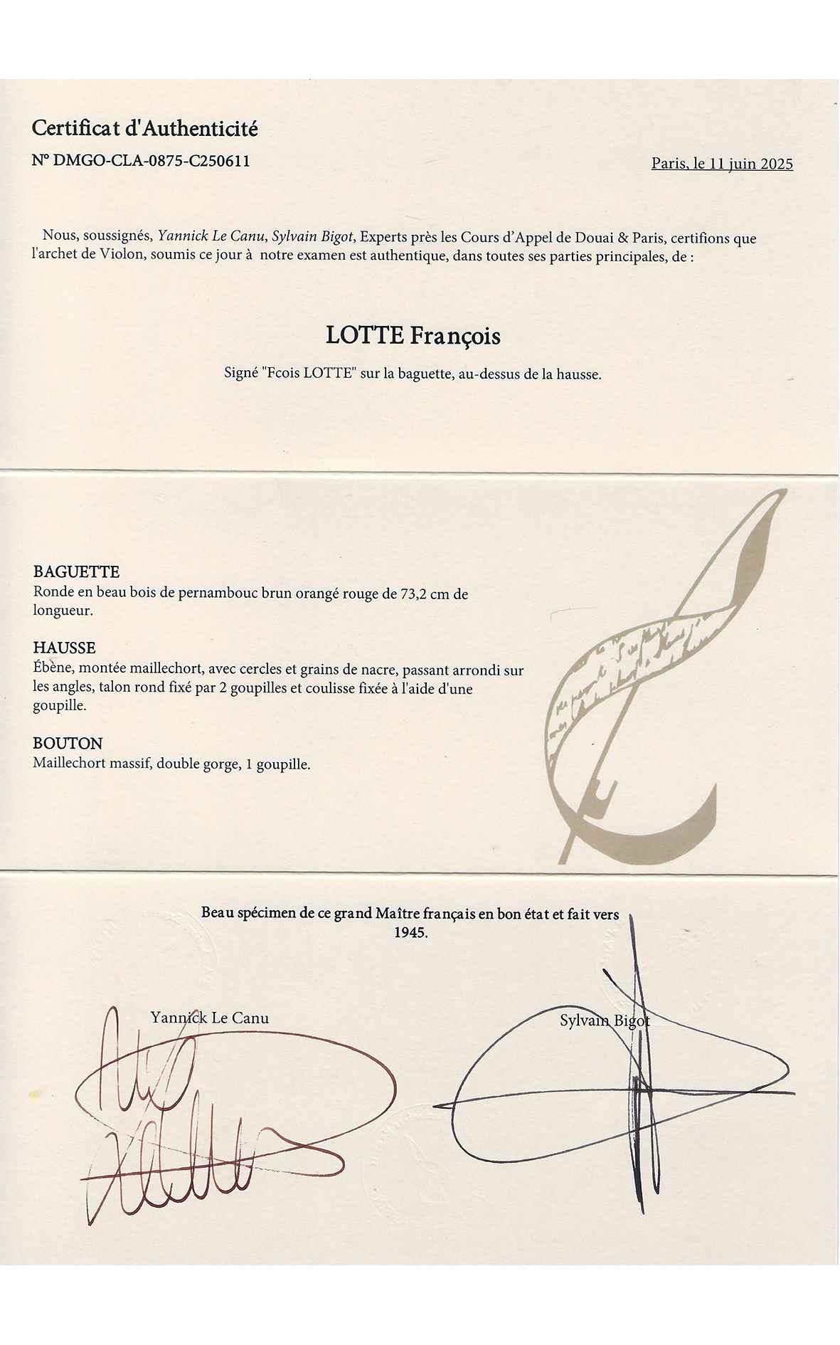 鑑定書あり　François Lotte ロッテ　1945 バイオリン　モダン弓 鑑定書あり François Lotte ロッテ 1945 バイオリン モダン弓
