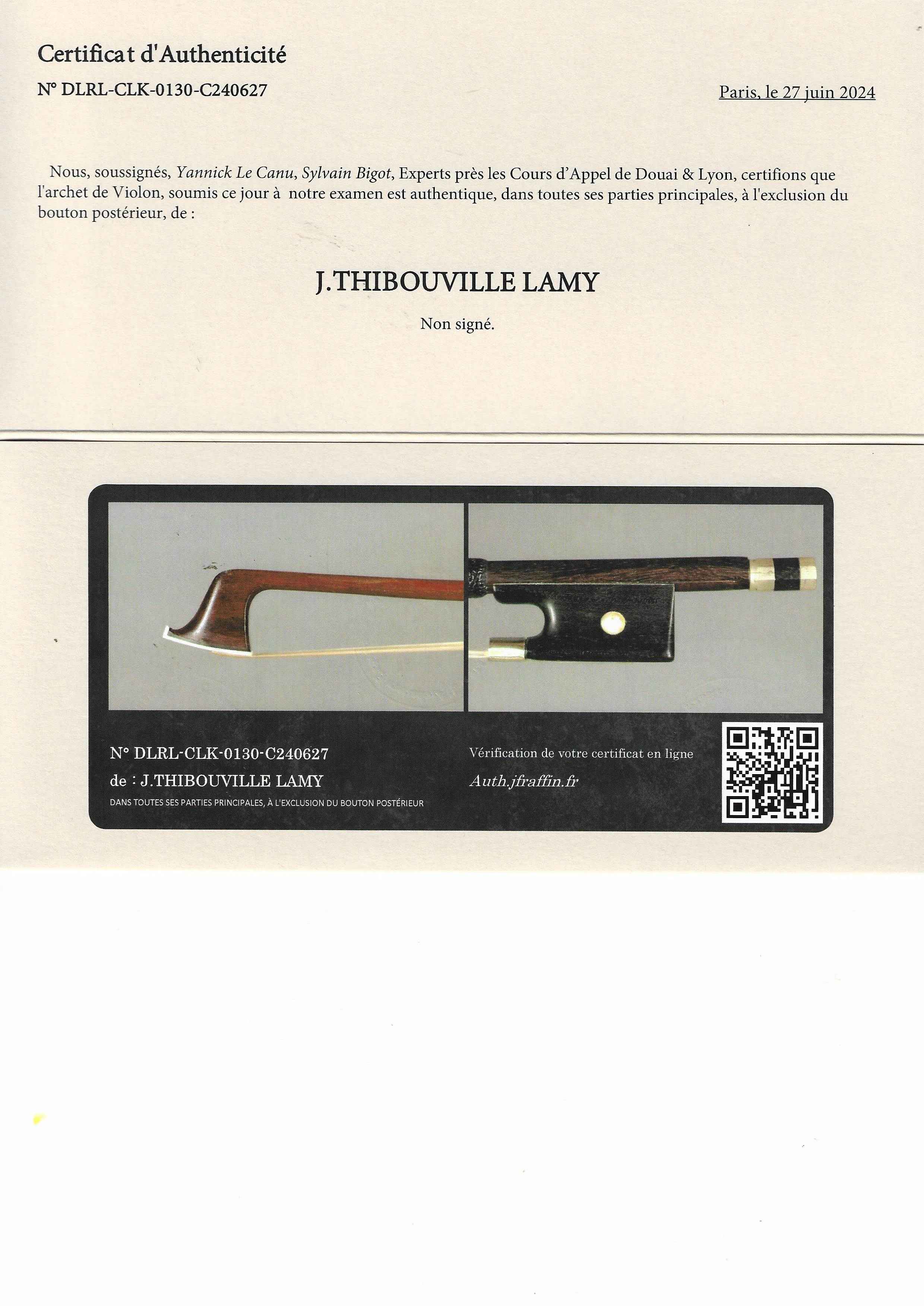 French violin bow, Jerome Thibouville-Lamy (certificate