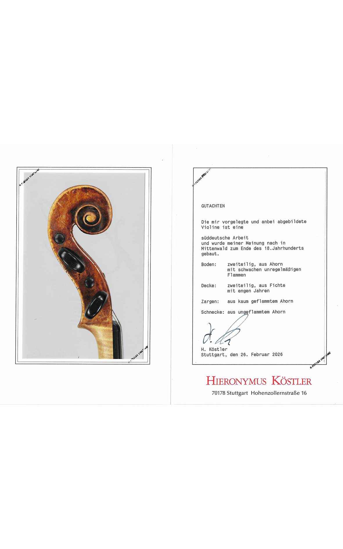 Fine Mittenwald violin, circa 1780 (certificate Hieronymus Köstler)