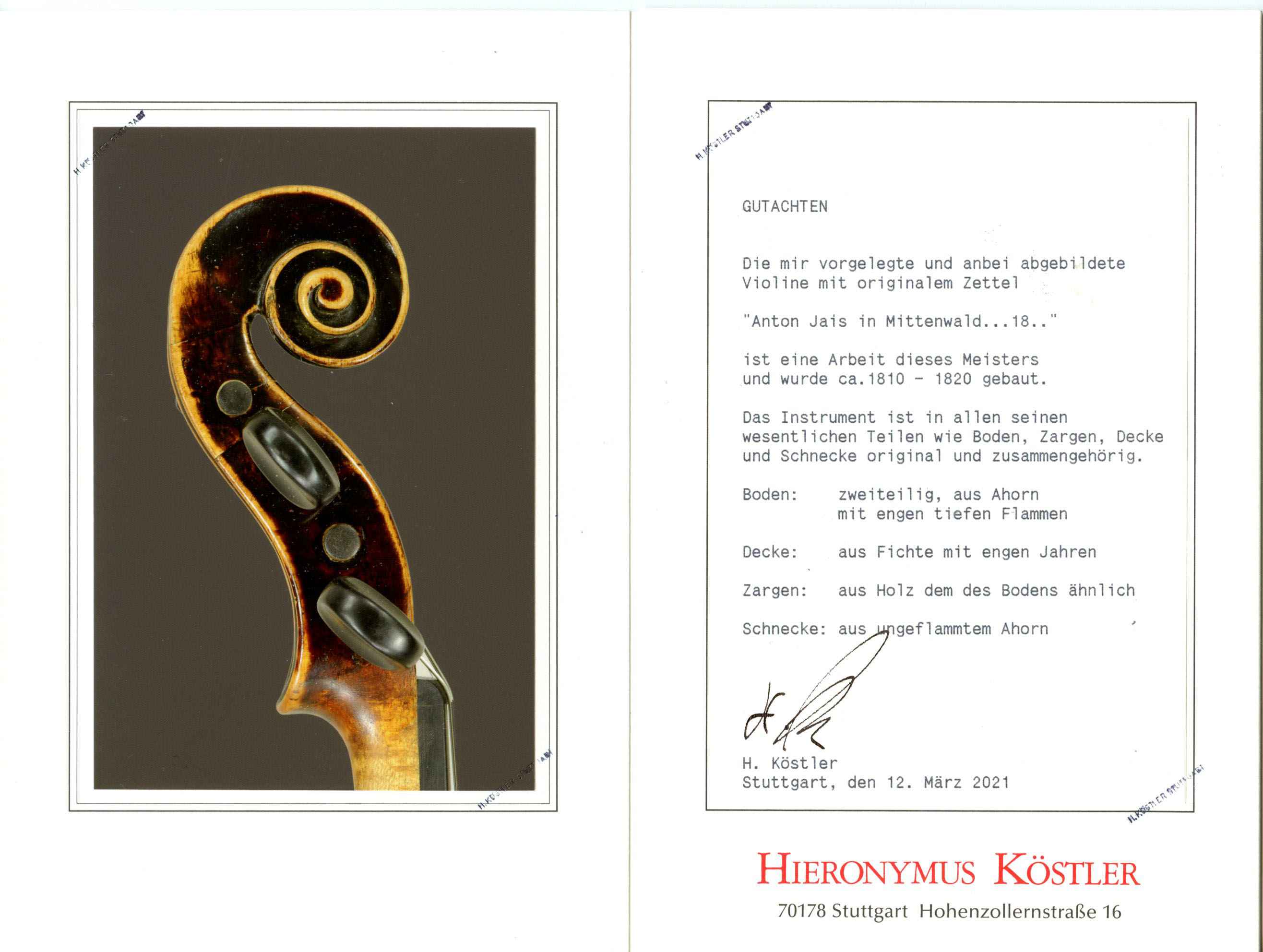 Mittenwald master violin by Anton Jais a late piece from approximately 1800/1810