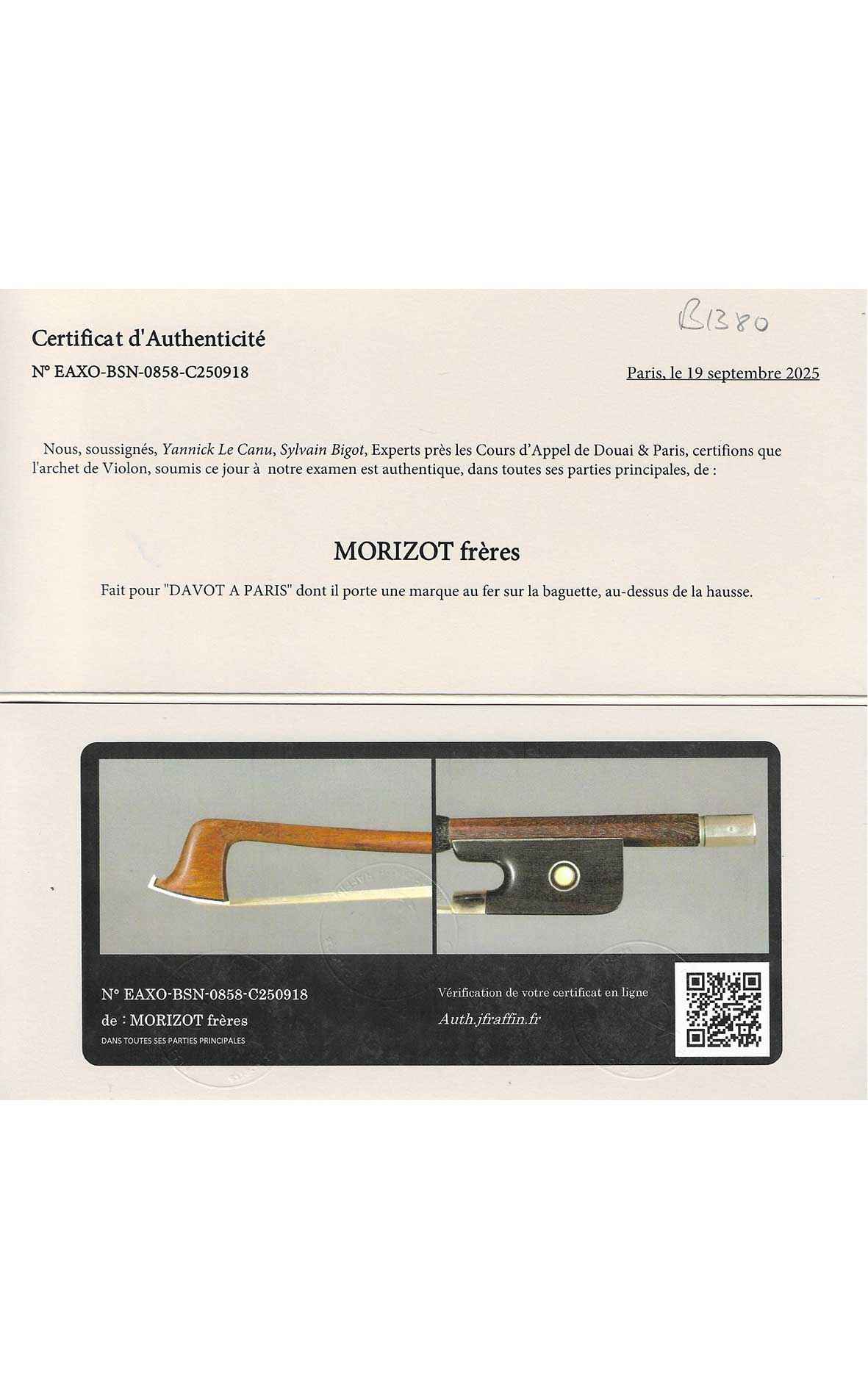 Louis Morizot Frères, French violin bow c.1950 (certificate J. F.