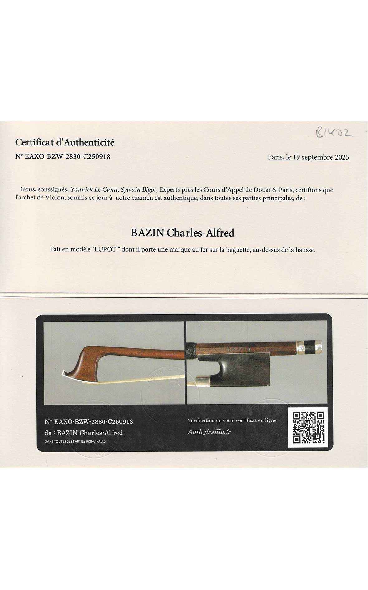 French violin bow by Charles Alfred Bazin c.1960 (certificate by J