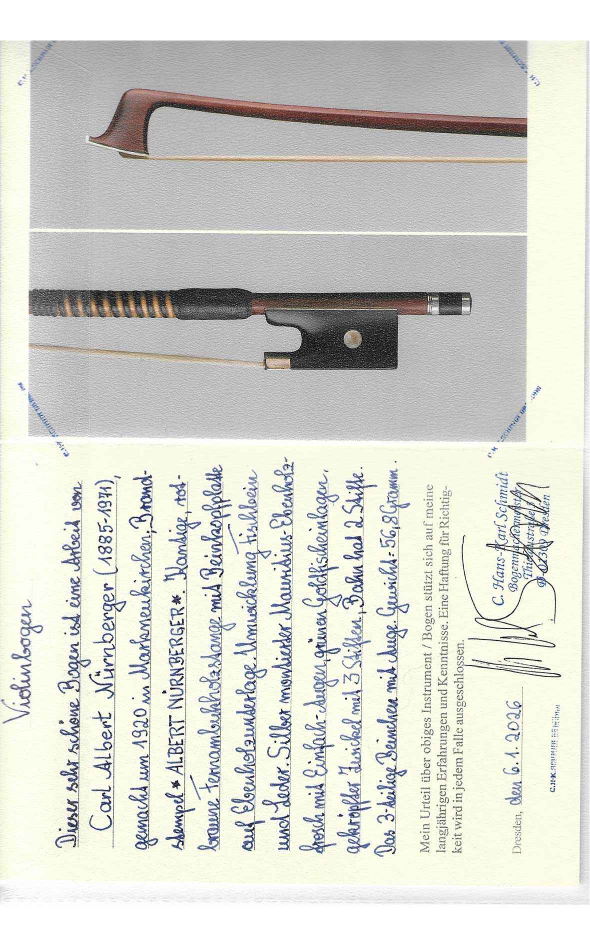 Fine violin bow by Carl Albert Nürnberger, circa 1920 (certificate